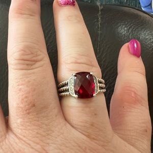 David Yurman Sterling Ring with Deep Red Gemstone